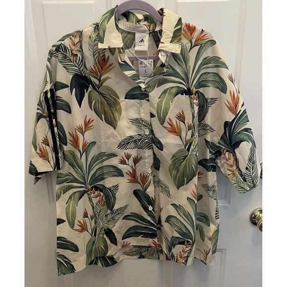 NEW Adidas FARM Rio Tropical Floral Aloha Button Up Camp Hawaiian Shirt Womens L - Picture 2 of 8
